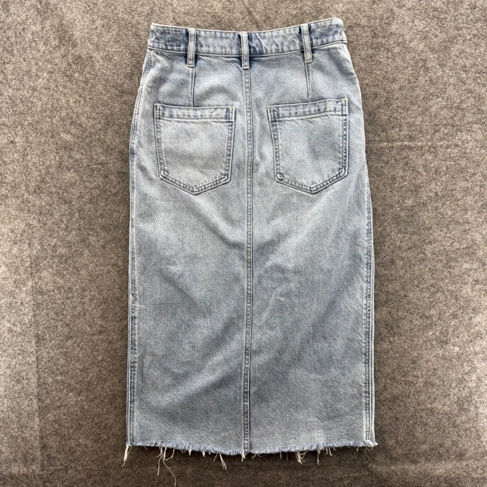 We‎ The Free Womens Wilshire Denim Midi Skirt Size 27 Blue Raw Hem Blue Boho